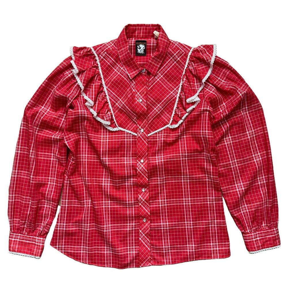 Vintage 70s Karman Western Shirt Pearl Snap Ruffle Shirt Women Size 36 13/14 Red